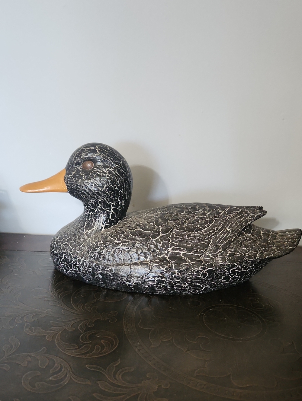 Decorative Crackle Black Duck Figurine with Orange Beak